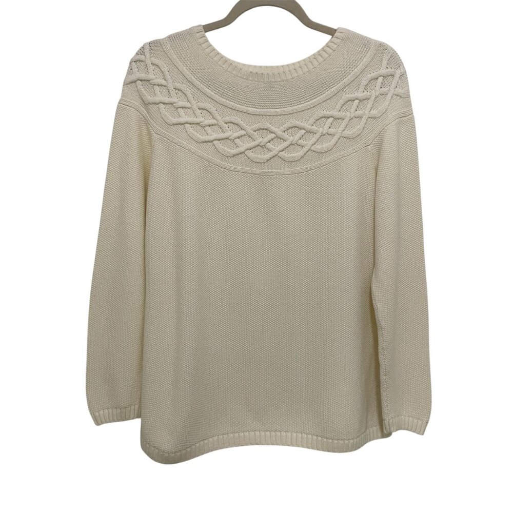 Talbots Sweater Womens L Petite Ivory Cable‎ Knit Pullover Casual Coastal